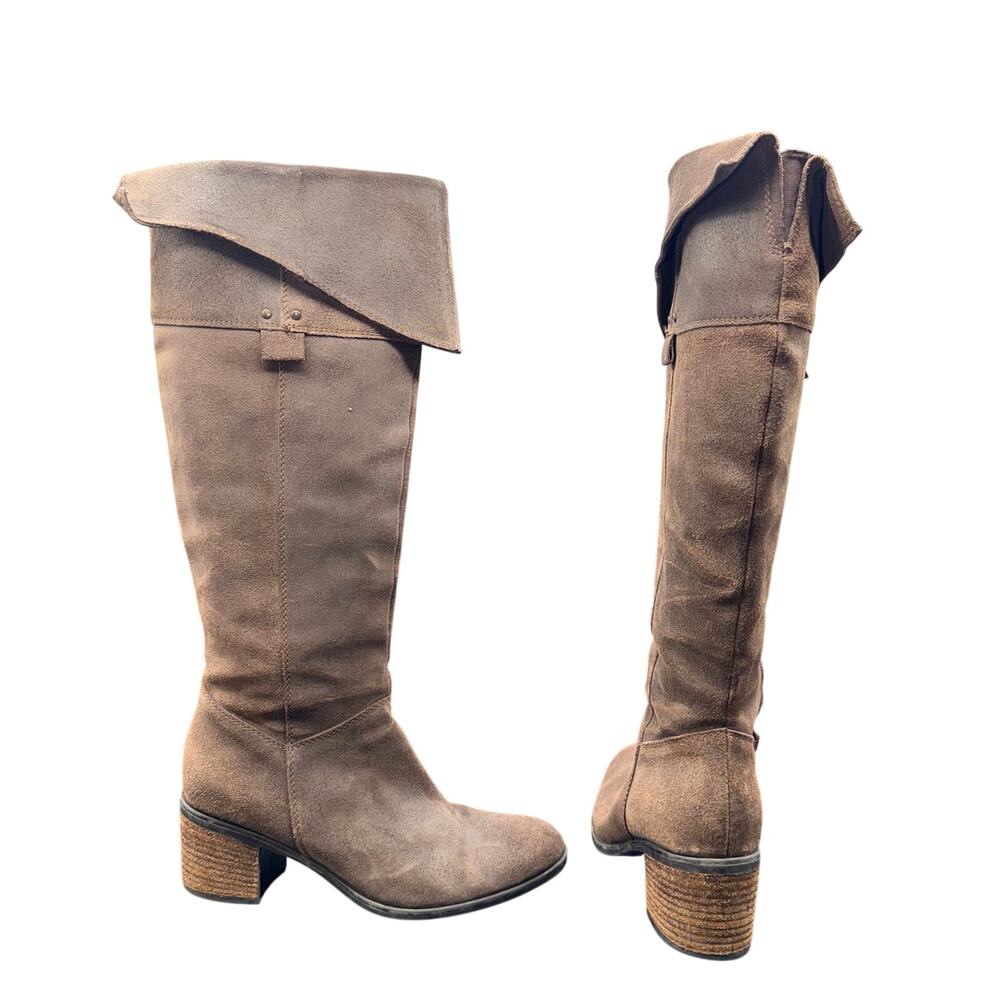Clarks Women 8.5 Brown Suede Leather Tall Foldover Boots Block Heel